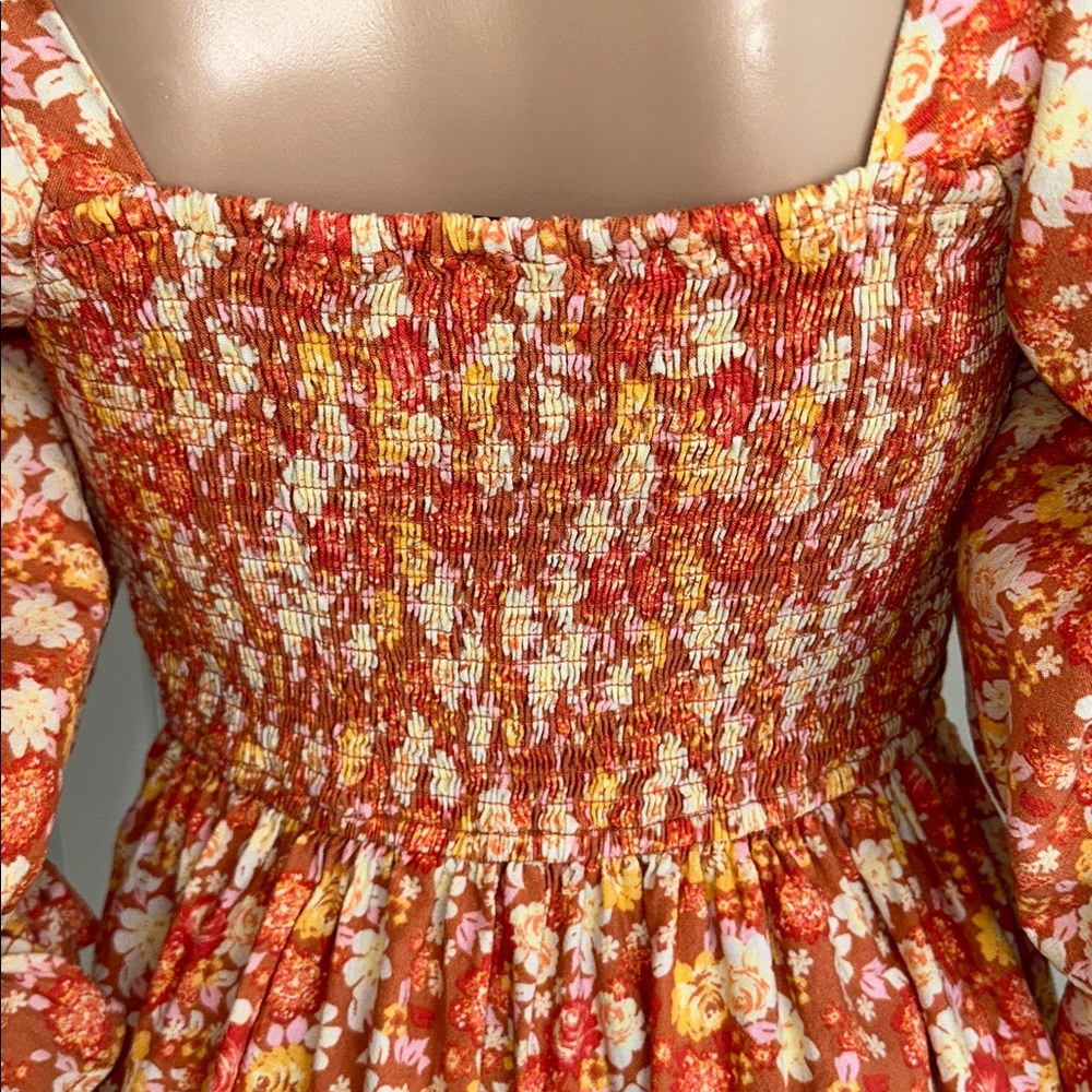 Free People Orange & Cream Smocked Romper Size Medium - Picture 6 of 16